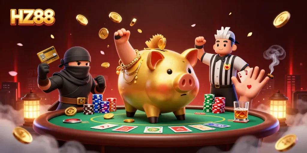 Engage in exciting poker action with the vibrant HZ88 characters amidst dynamic casino elements.