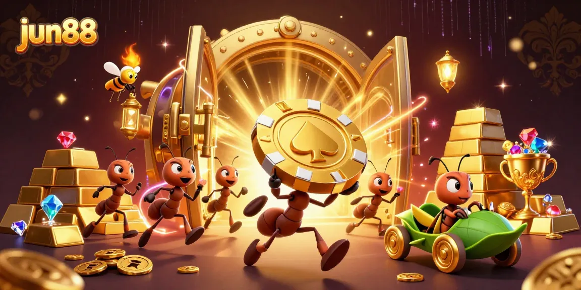 Join the heist at jun88 with ants carrying a giant poker chip, surrounded by treasures and glowing effects.
