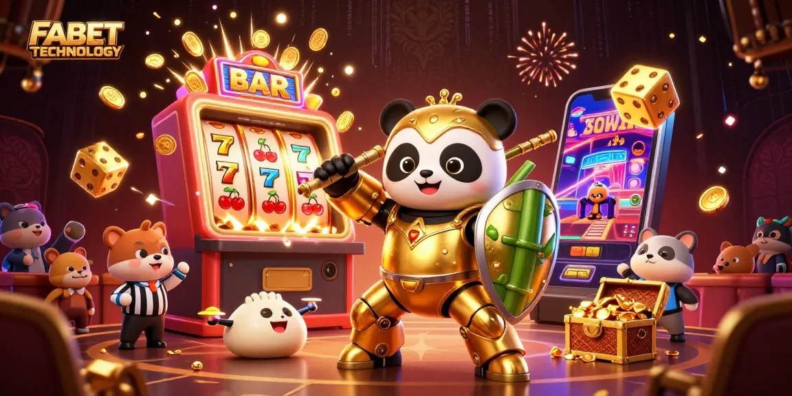 Experience FABET TECHNOLOGY in a vibrant casino arena with animated characters battling for jackpot rewards.