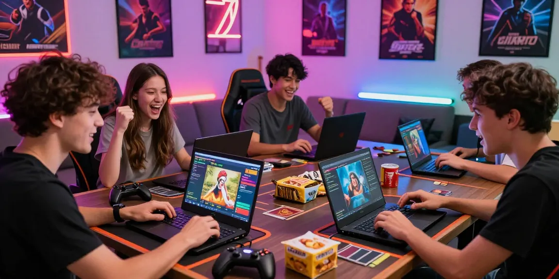 Players enjoying Sun win card games in a lively gaming setup, surrounded by accessories and vibrant decor.