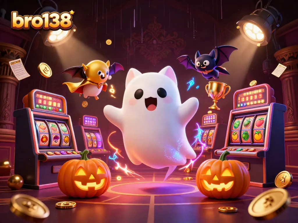 Engage with thrilling slot games at bro138 with a dynamic Halloween-themed casino illustration.