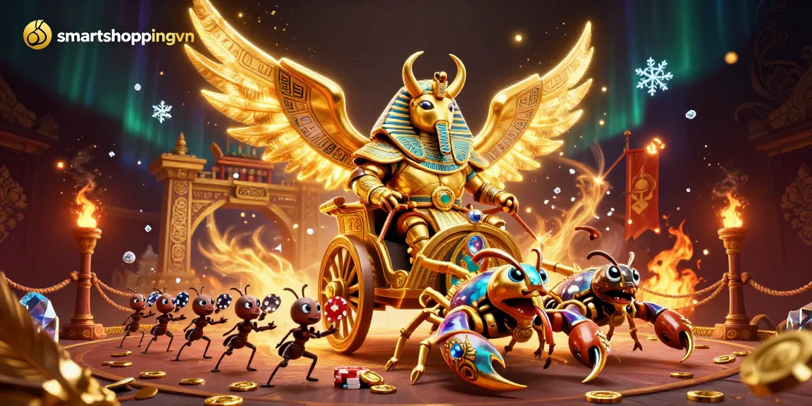 Smartshoppingvn showcases a vibrant 3D casino scene featuring a golden scarab beetle and jewels, emphasizing thrilling gameplay.