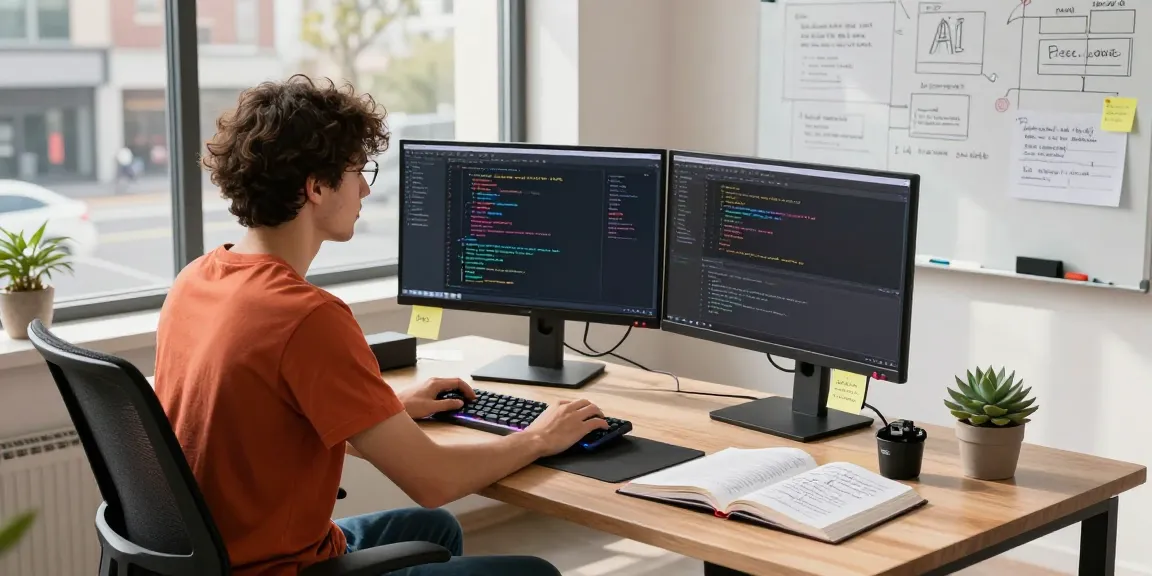 Software developer utilizing large language models on dual monitors in a vibrant tech workspace.