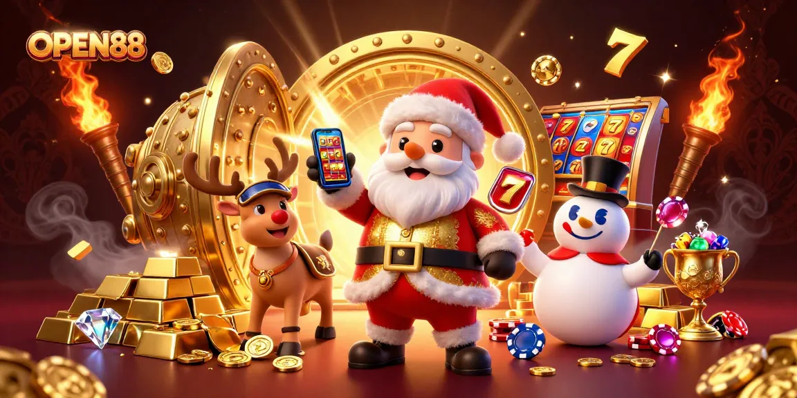 Experience the excitement of OPEN88 with casino characters celebrating big jackpots in a vibrant scene.