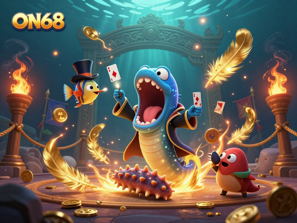 Experience casino magic with ON68, featuring a bioluminescent eel performing tricks amidst gamified elements.