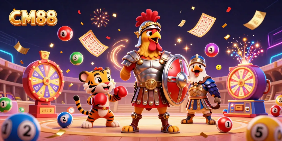 Experience CM88's vibrant casino energy with a 3D cartoon gladiator rooster and fun elements.