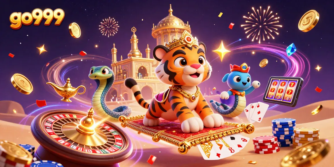 Experience the excitement of go999 with a tiger sultan flying over a gold palace in a vibrant casino scene.
