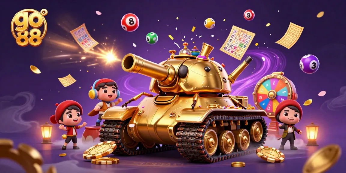 Experience exciting games at go 88 with vibrant lottery balls and a unique casino tank illustration.