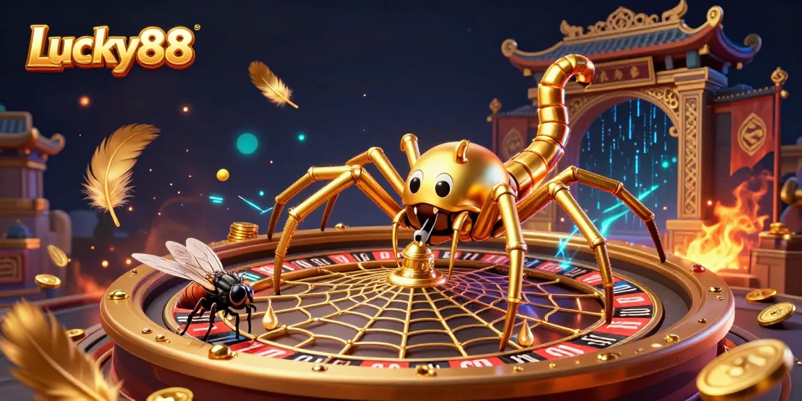 Engage with Lucky88 as the golden spider spins a roulette web amidst vibrant casino elements.