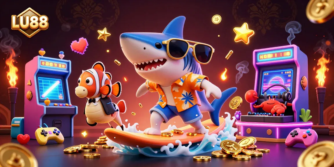 LU88 brings excitement with a hammer-head shark surfing gold coins amidst vibrant casino elements.