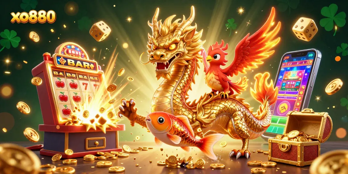 Experience exhilarating gameplay with xo880 featuring a dragon, phoenix, and koi fish amidst casino elements.
