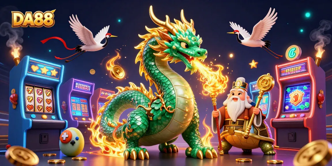 Engage with DA88's casino adventure featuring a jade dragon and vibrant game elements.