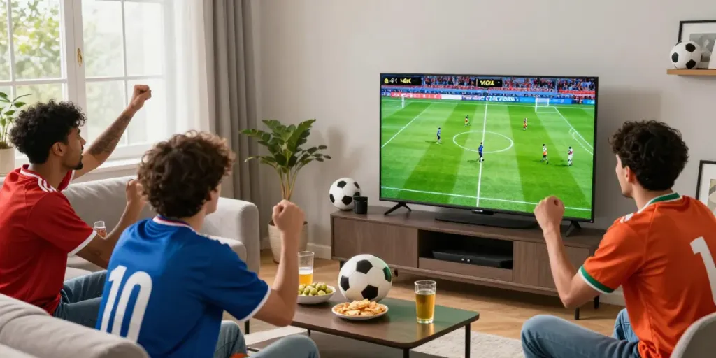 Friends enjoying a live soccer match on GangvangTV in a cozy living room.