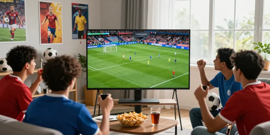 Excited football fans enjoying a match using Xoilactv in a cozy setting.
