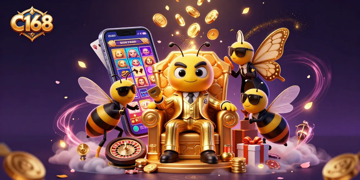 Join C168's thrilling casino adventure with animated characters amidst vibrant game elements.