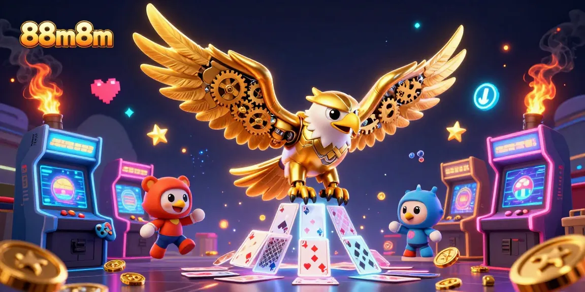 Experience thrilling gameplay at 88m8m with a dynamic scene featuring a cybernetic eagle amidst holographic cards.
