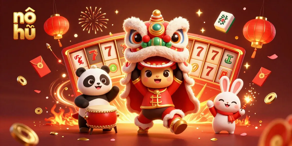 Engage in nổ hũ excitement with vibrant scenes of jackpot reels and festive characters.